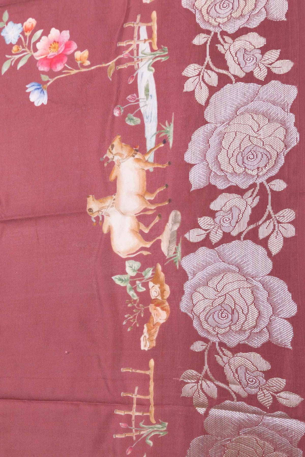 Border image of Maroon Dual Tone Tussar Silk SareePrinted design on the body and Zari Border