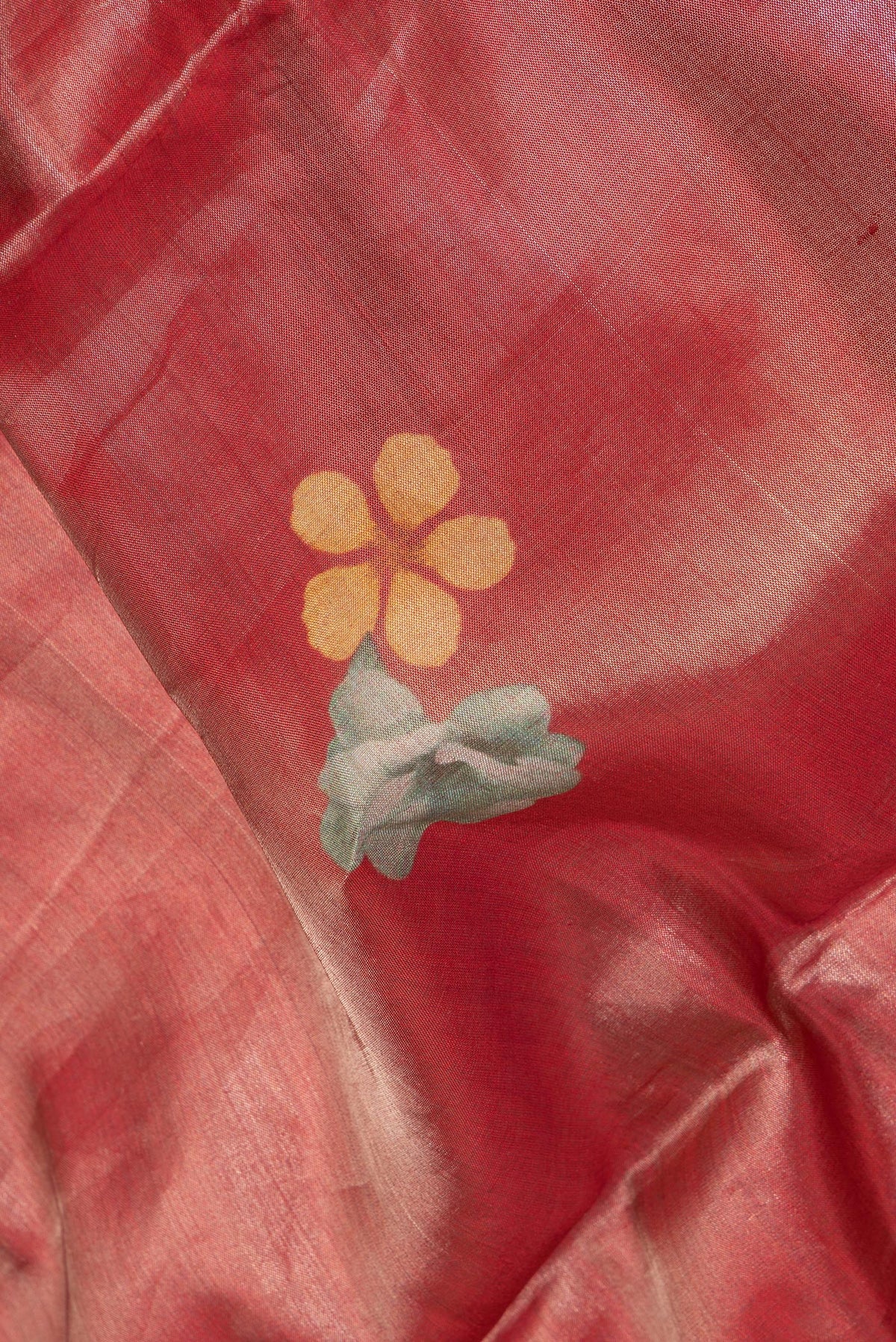 Close up of Red Dual Tone Tussar Saree with Floral Print on the body and Fancy Border.  displaying folds