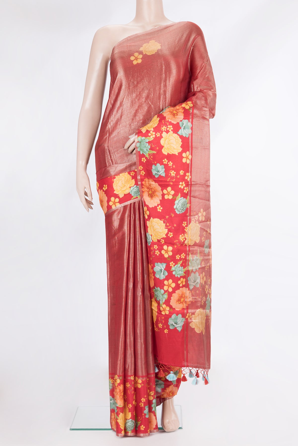 Red Dual Tone Tussar Saree with Floral Print on the body and Fancy Border.  displayed on a mannequin