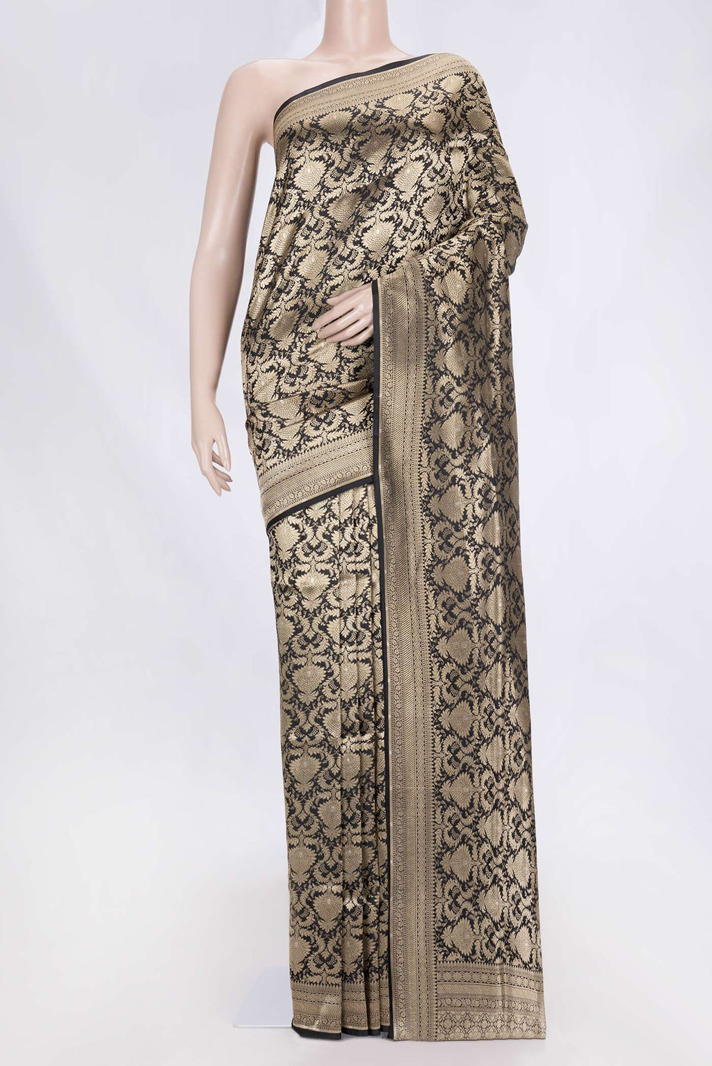 Black Dual Tone Banarasi Silk Saree with Zari Brocade on the body and Zari Border displayed on a mannequin