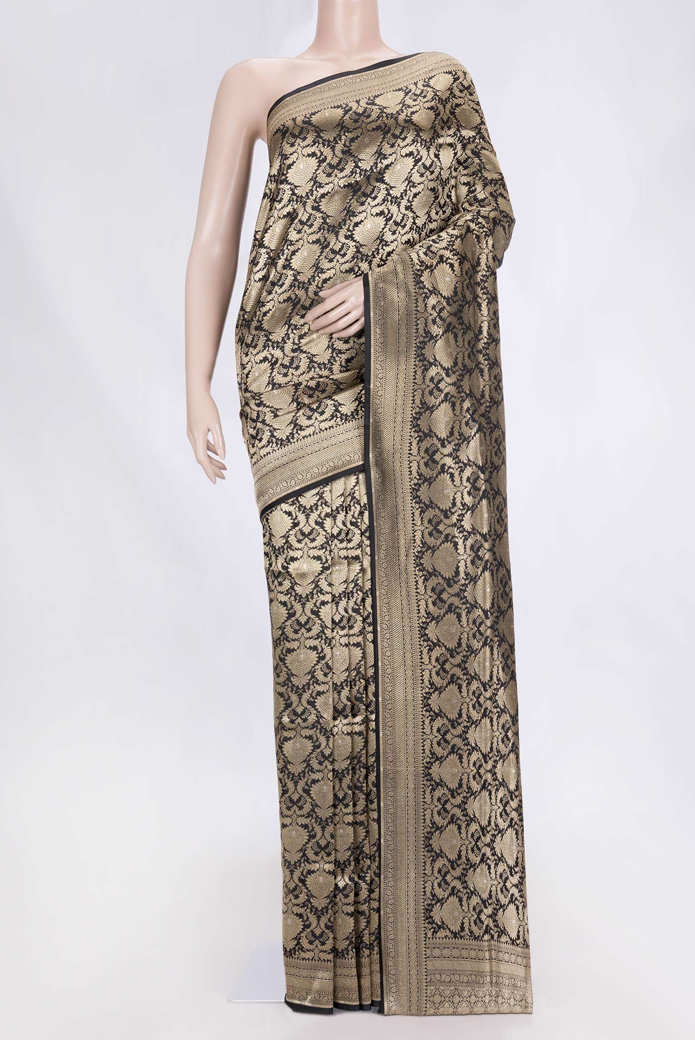 Black Dual Tone Banarasi Silk Saree with Zari Brocade on the body and Zari Border displayed on a mannequin