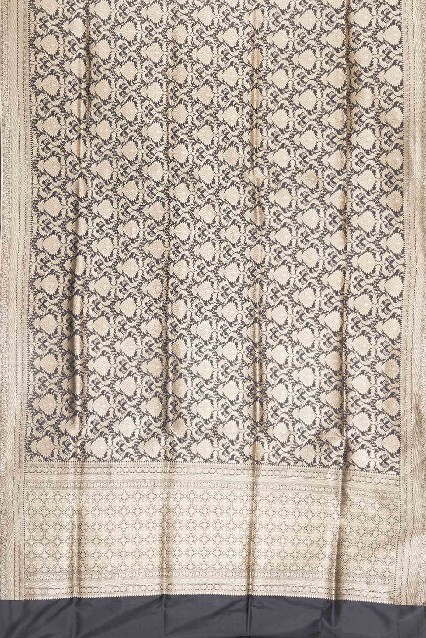 Flat view of Black Dual Tone Banarasi Silk Saree with Zari Brocade on the body and Zari Border