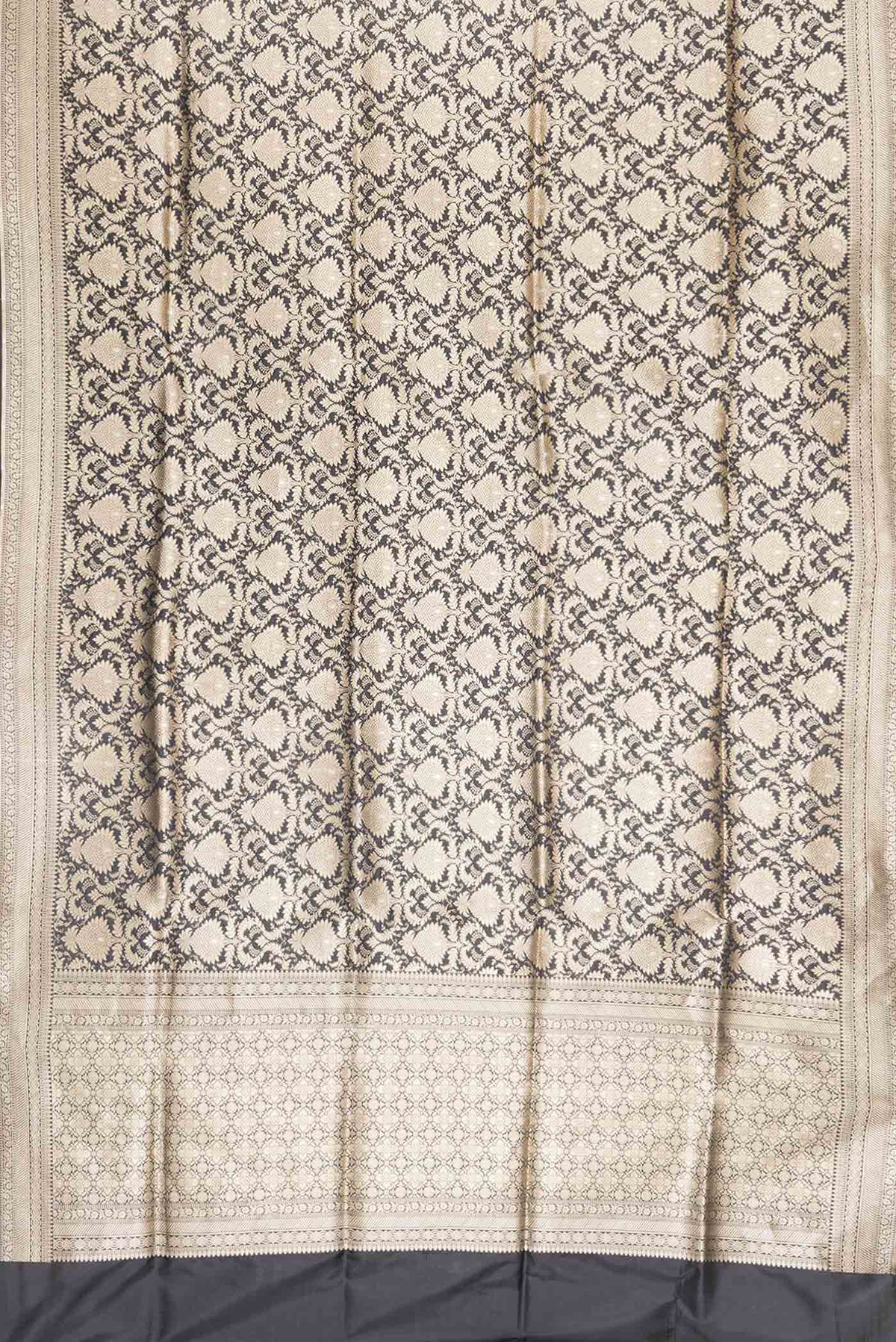 Flat view of Black Dual Tone Banarasi Silk Saree with Zari Brocade on the body and Zari Border