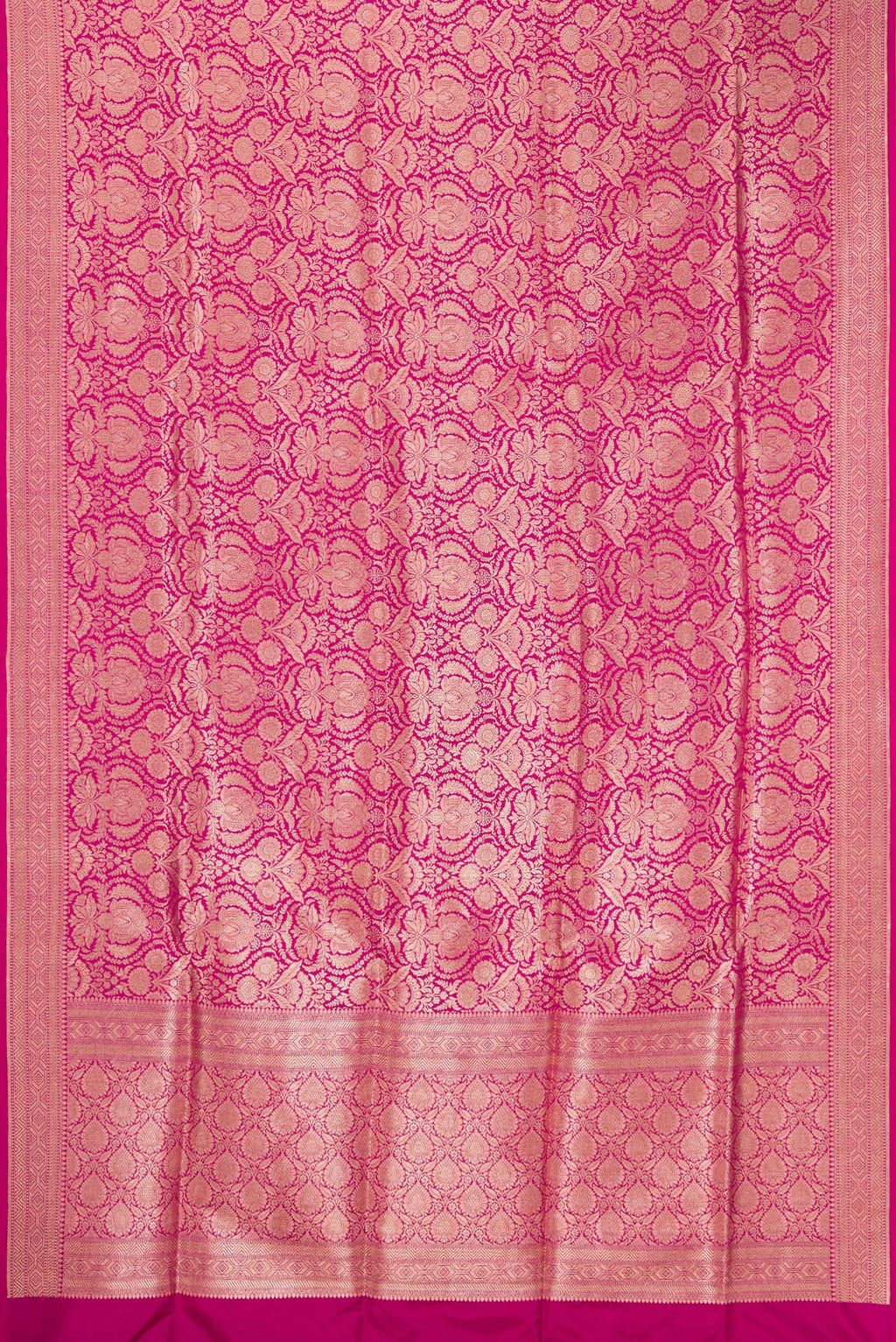 Flat view of Magenta Banarasi Silk Saree with Zari Brocade on the body and Fancy Border. 