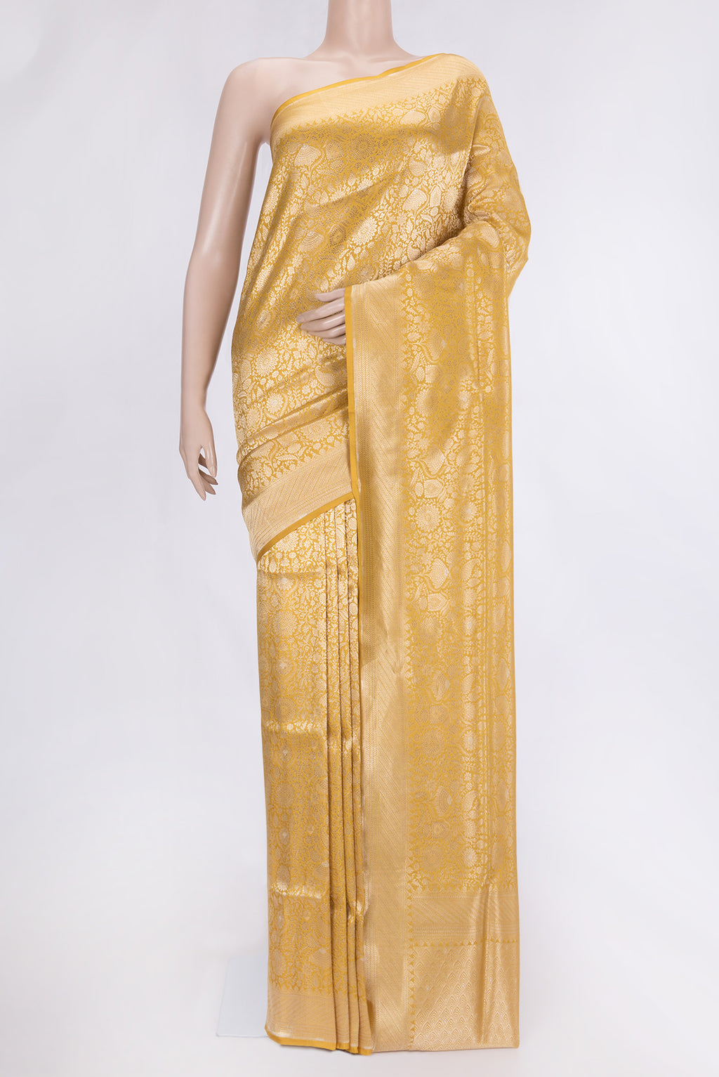 Yellow Dual Tone Banarasi Silk Saree with Zari Brocade on the body and Zari Border.  displayed on a mannequin