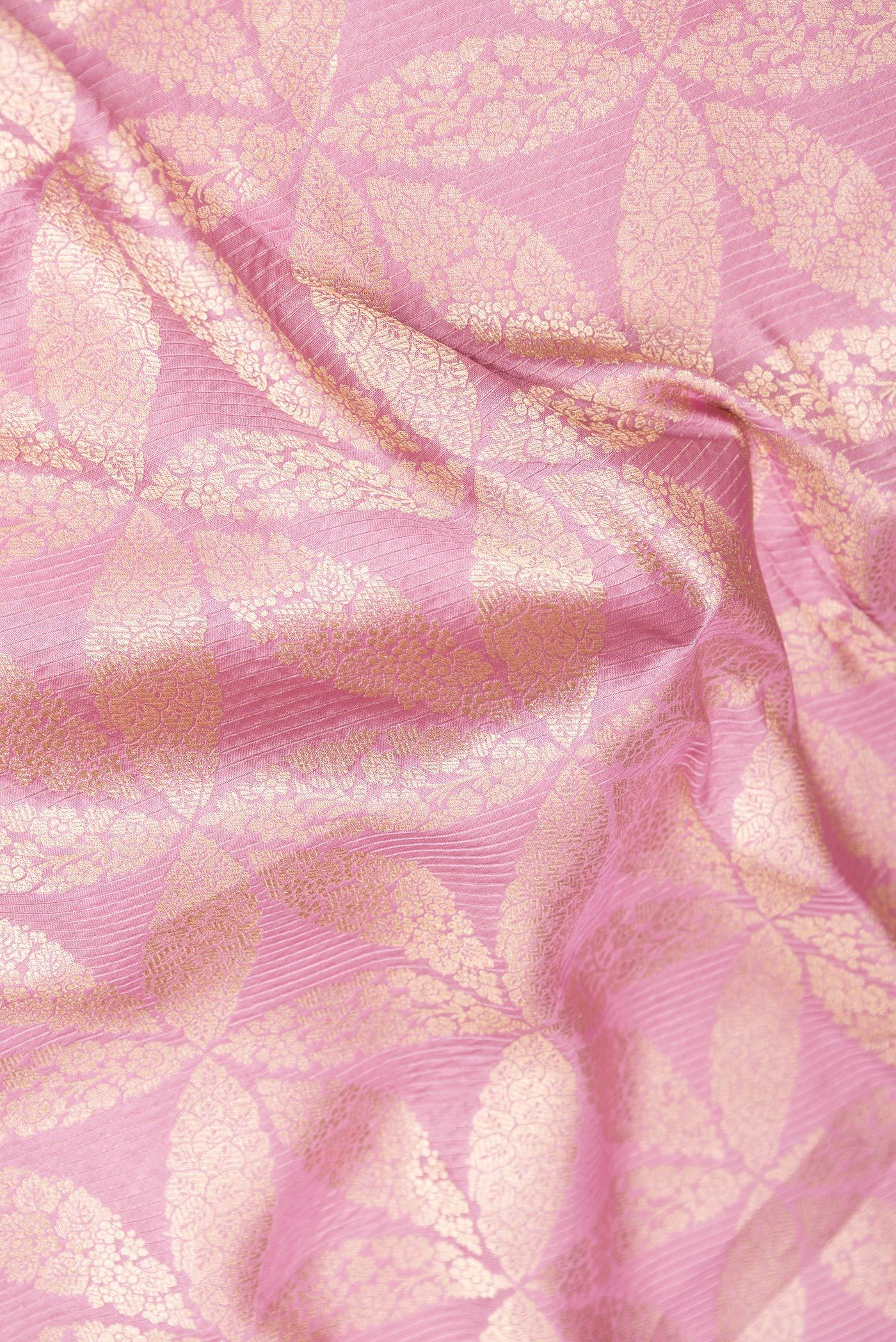 Close up of Pink Dual Tone Banarasi Silk Saree with Zari Brocade on the body and Zari Border.  displaying folds