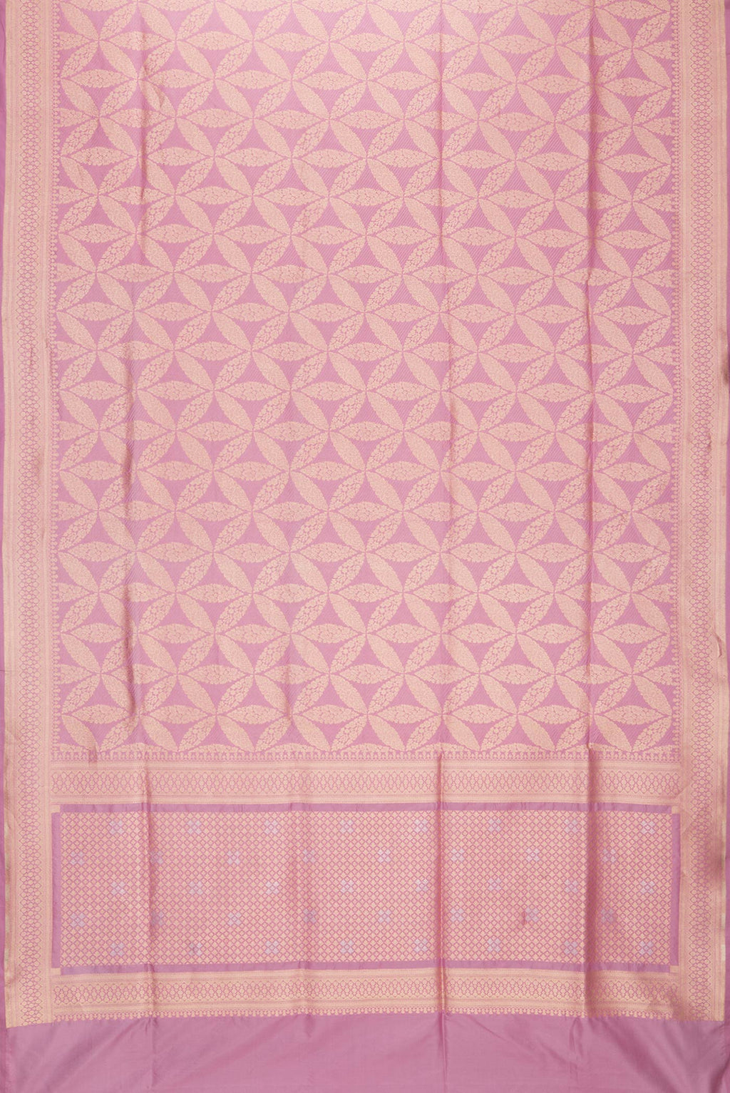 Flat view of Pink Dual Tone Banarasi Silk Saree with Zari Brocade on the body and Zari Border. 