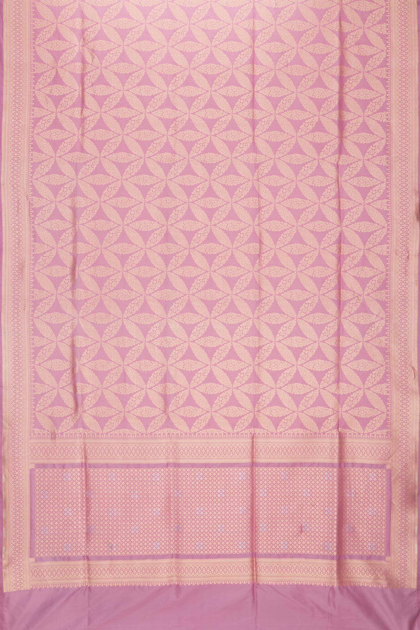 Flat view of Pink Dual Tone Banarasi Silk Saree with Zari Brocade on the body and Zari Border. 