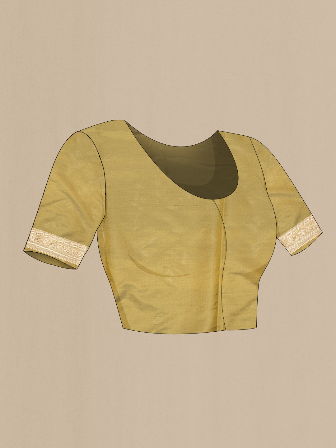 Close up image of the blouse of Mehandi Green Dual Tone Banarasi Silk Saree with Zari Brocade on the body and Zari Border. 