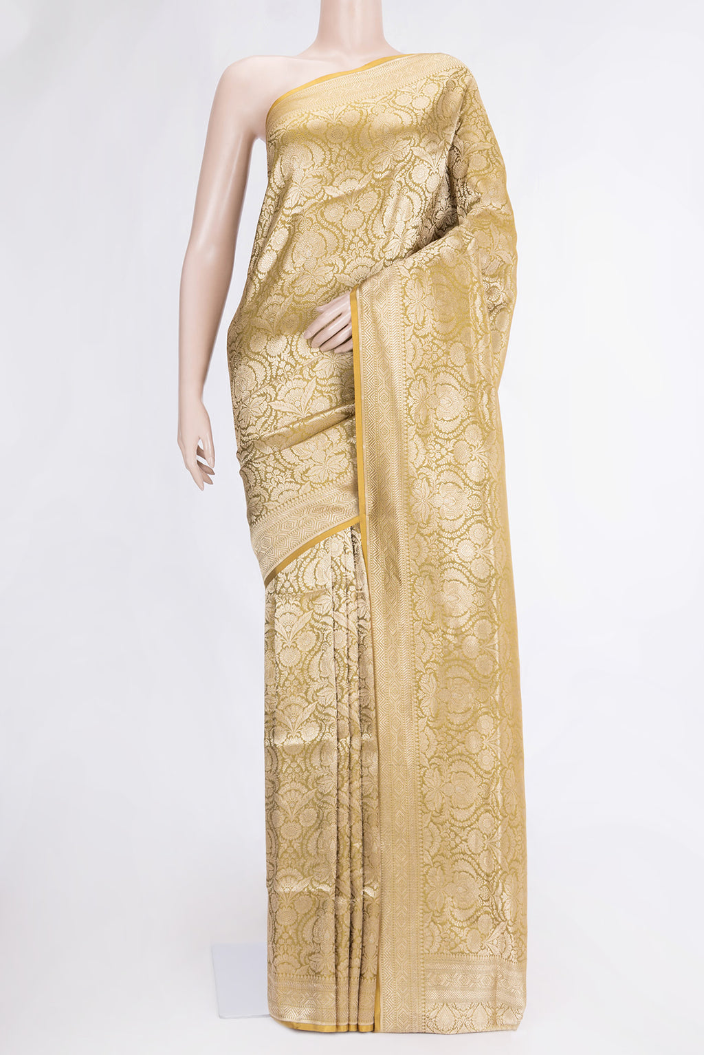 Mehandi Green Dual Tone Banarasi Silk Saree with Zari Brocade on the body and Zari Border.  displayed on a mannequin