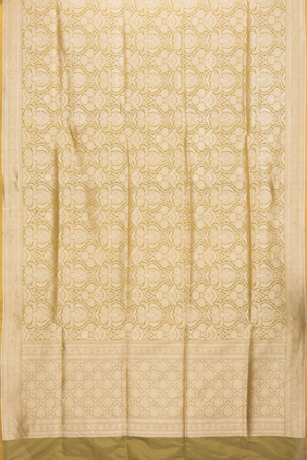 Flat view of Mehandi Green Dual Tone Banarasi Silk Saree with Zari Brocade on the body and Zari Border. 