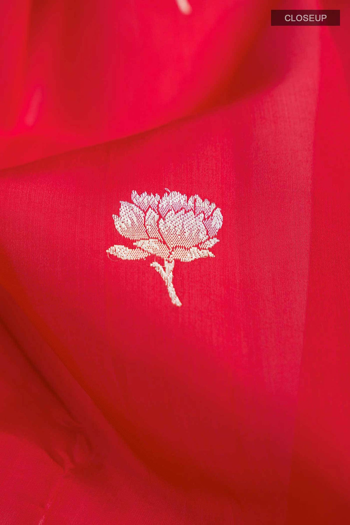 Close up of Red Banarasi Silk Saree with Zari Butta on the body and Zari Border displaying folds