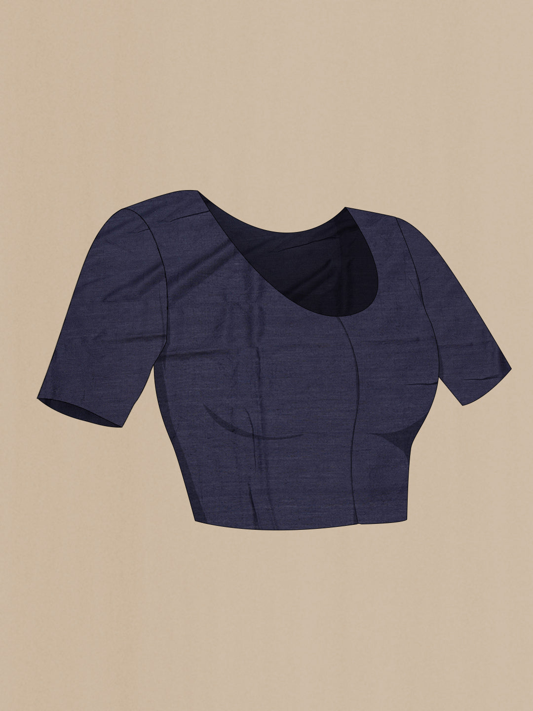 Close up image of the blouse of Navy Blue Dual Tone Tussar Saree with Printed design on the body and Printed Border. 