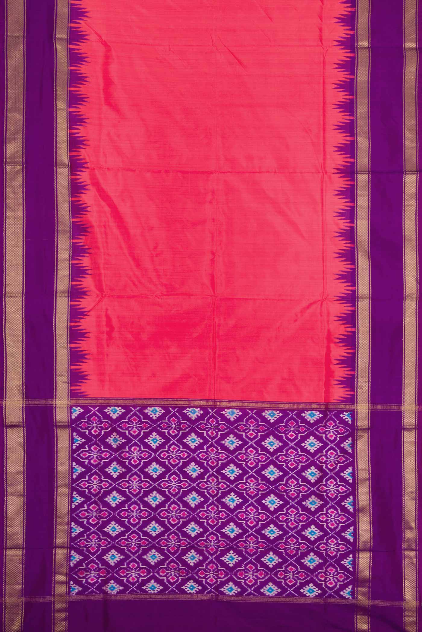 Flat view of Pink Pochampally Silk Saree with Plain Body and Temple Border