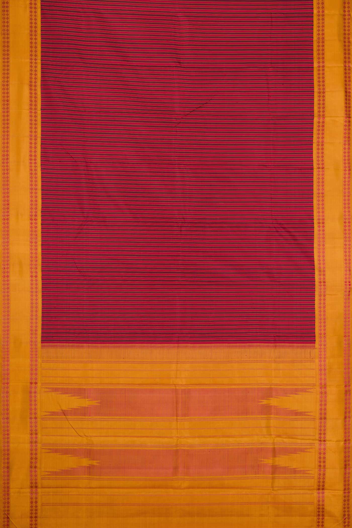 Flat view of Maroon Dual Tone Kanchipuram Silk Saree with Stripes on the body and Thread Border