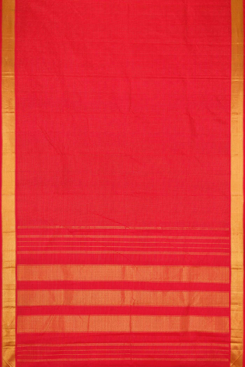 Flat view of Pure Silk Pure Zari Red Dual Tone Kanchipuram Saree with Checked design on the body and Zari Border