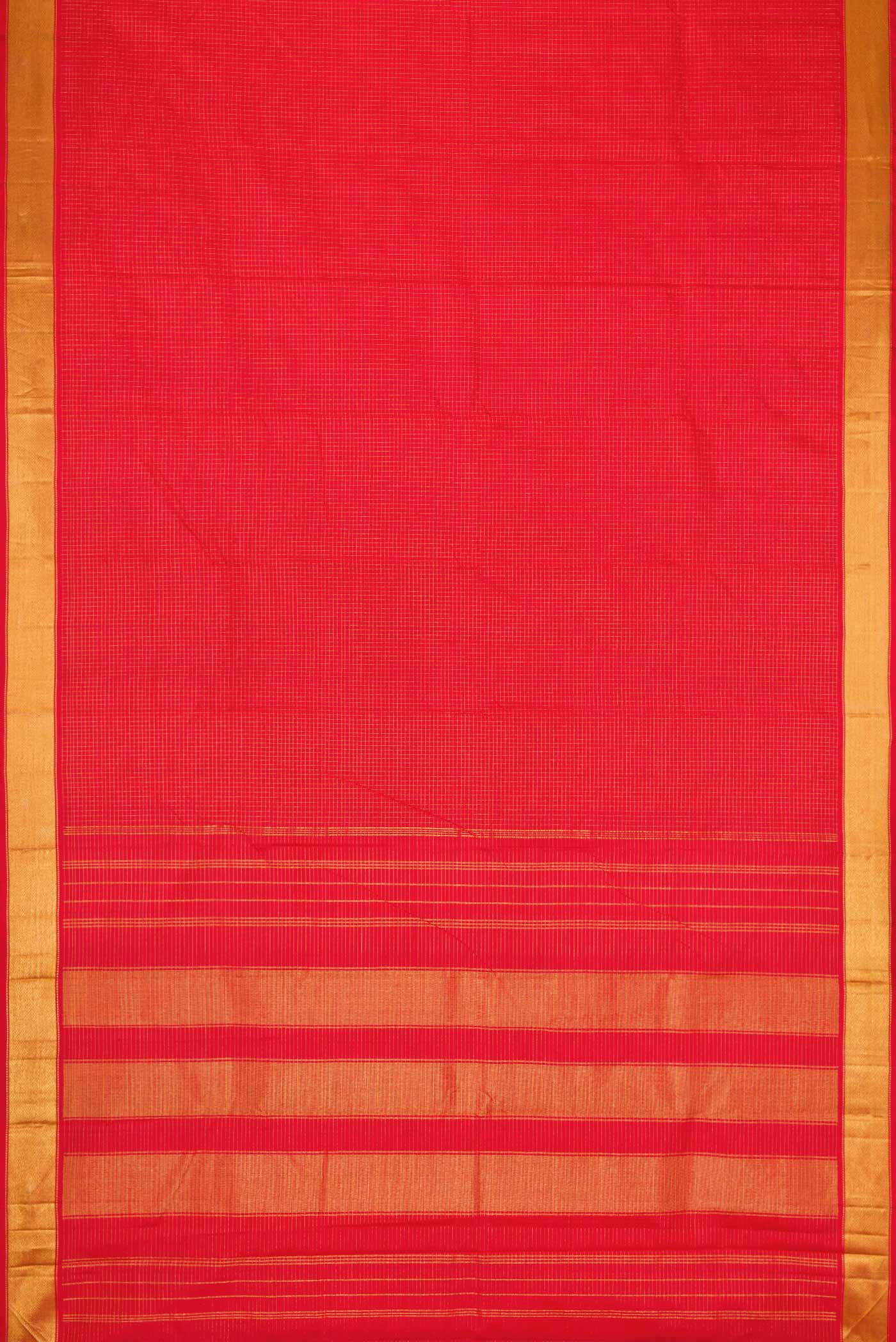 Flat view of Pure Silk Pure Zari Red Dual Tone Kanchipuram Saree with Checked design on the body and Zari Border