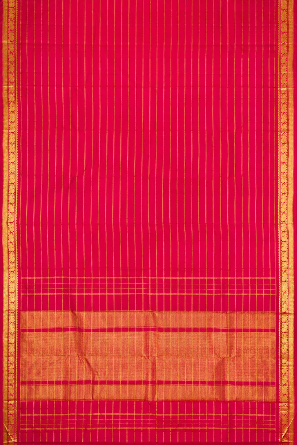 Flat view of Maroon Dual Tone Kanchipuram Silk Saree with Stripes on the body and Zari Border