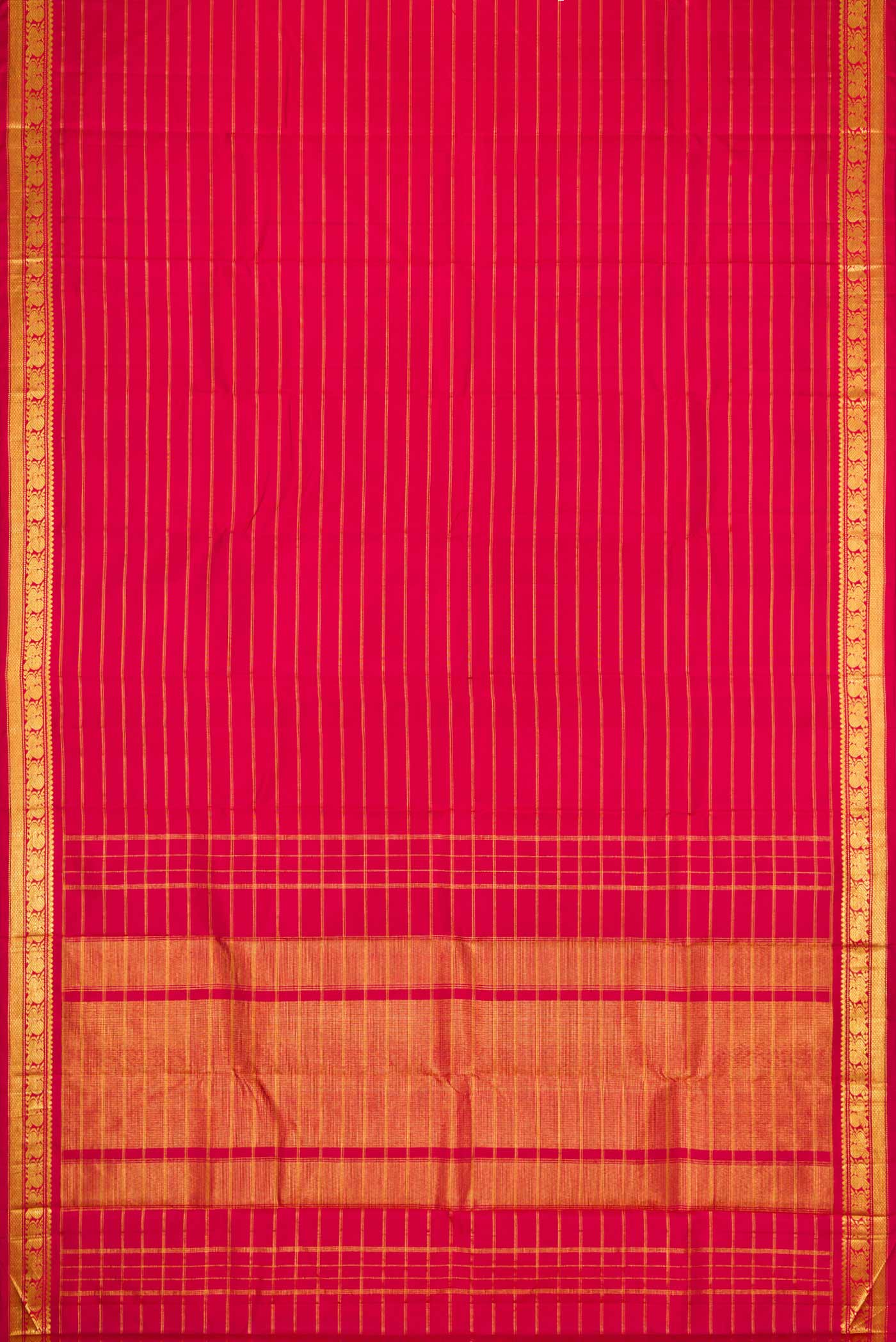 Flat view of Maroon Dual Tone Kanchipuram Silk Saree with Stripes on the body and Zari Border