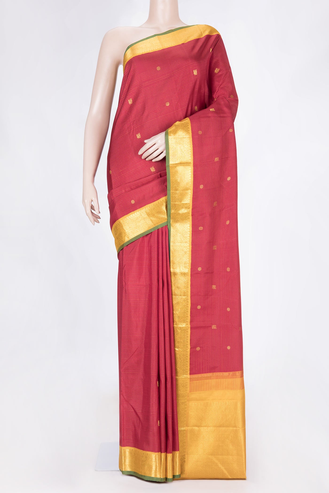 Maroon Dual Tone Kanchipuram Silk Saree with Stripes on the body and Zari Border displayed on a mannequin