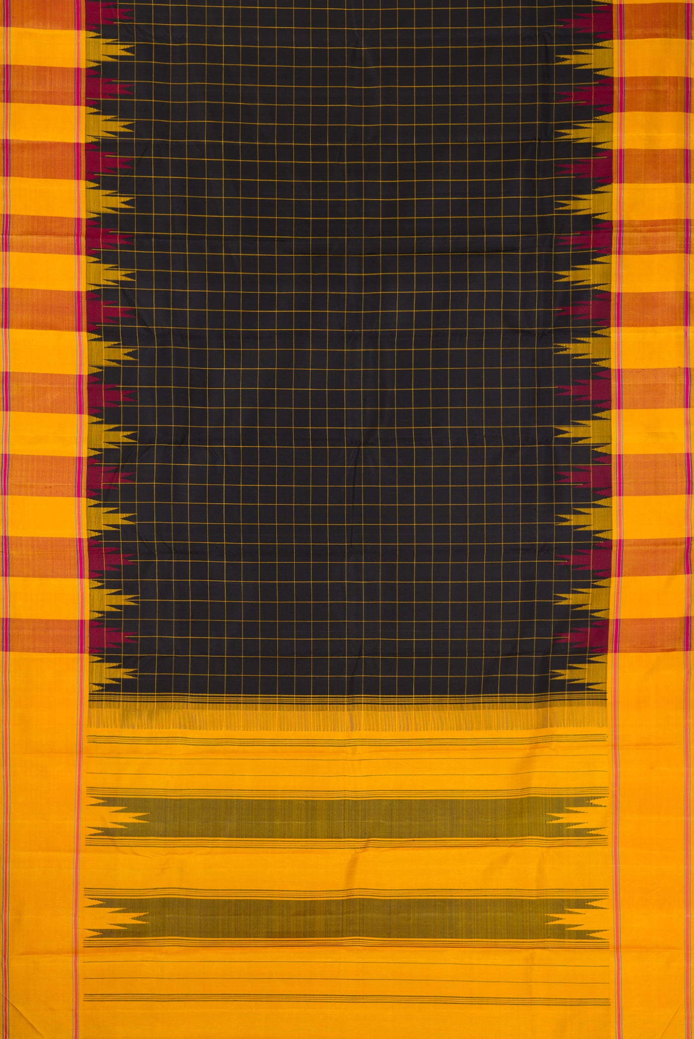 Flat view of Black Dual Tone Kanchipuram Silk Saree with Checked design on the body and Temple Border. 