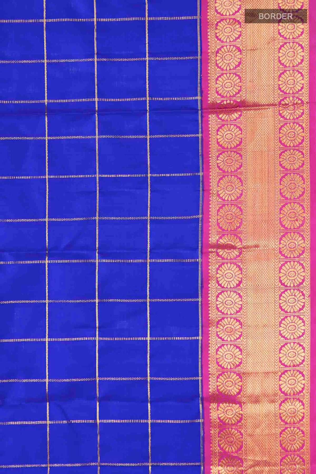 Border image of Blue Kanchipuram Silk Saree with Checked design on the body and Zari Border