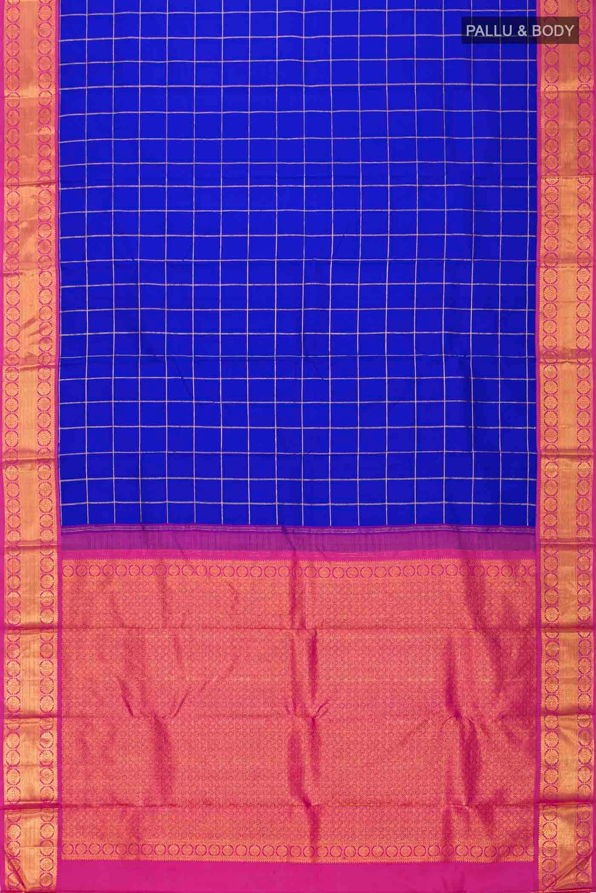 Flat view of Blue Kanchipuram Silk Saree with Checked design on the body and Zari Border