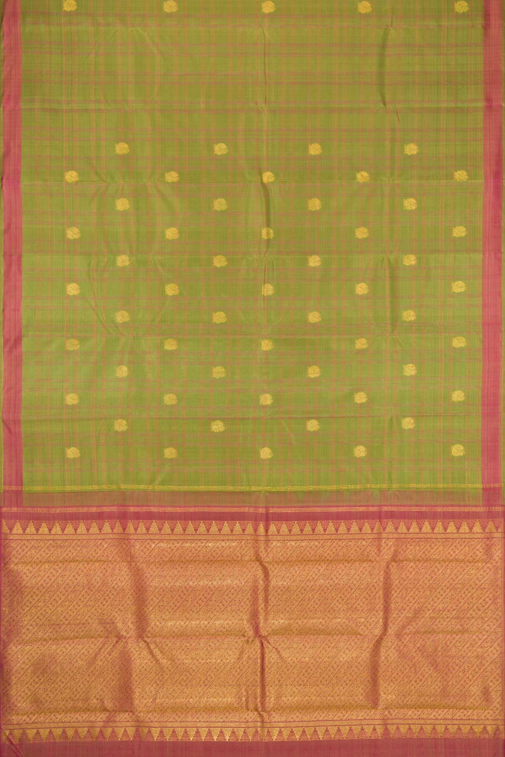 Flat view of Pure Silk Pure Zari Green Dual Tone Kanchipuram Saree with Zari Butta on the body and Zari Border