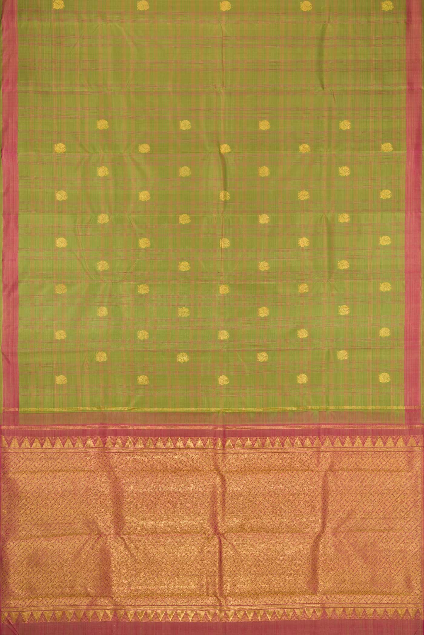 Flat view of Pure Silk Pure Zari Green Dual Tone Kanchipuram Saree with Zari Butta on the body and Zari Border