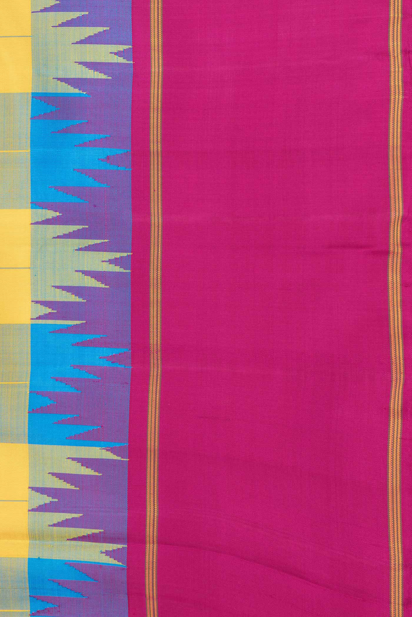 Border image of Yellow and Sky Blue Color Kanjivaram Saree with Checked design on the body and Ganga Jamuna Border. 