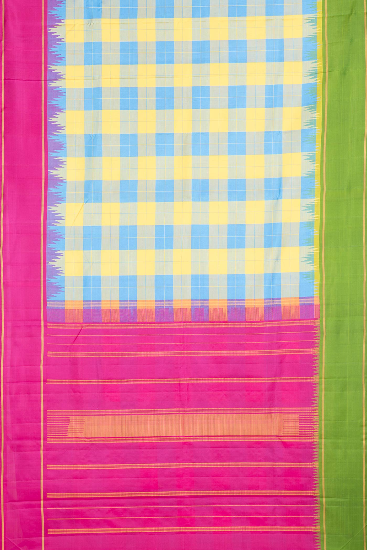 Flat view of Yellow and Sky Blue Color Kanjivaram Saree with Checked design on the body and Ganga Jamuna Border. 