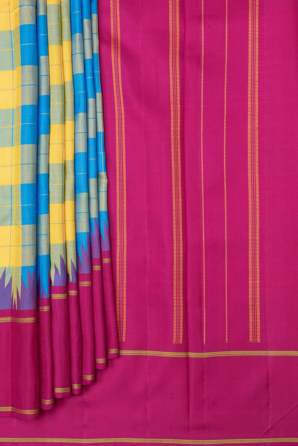 Pleats and pallu of Yellow and Sky Blue Color Kanjivaram Saree with Checked design on the body and Ganga Jamuna Border. 