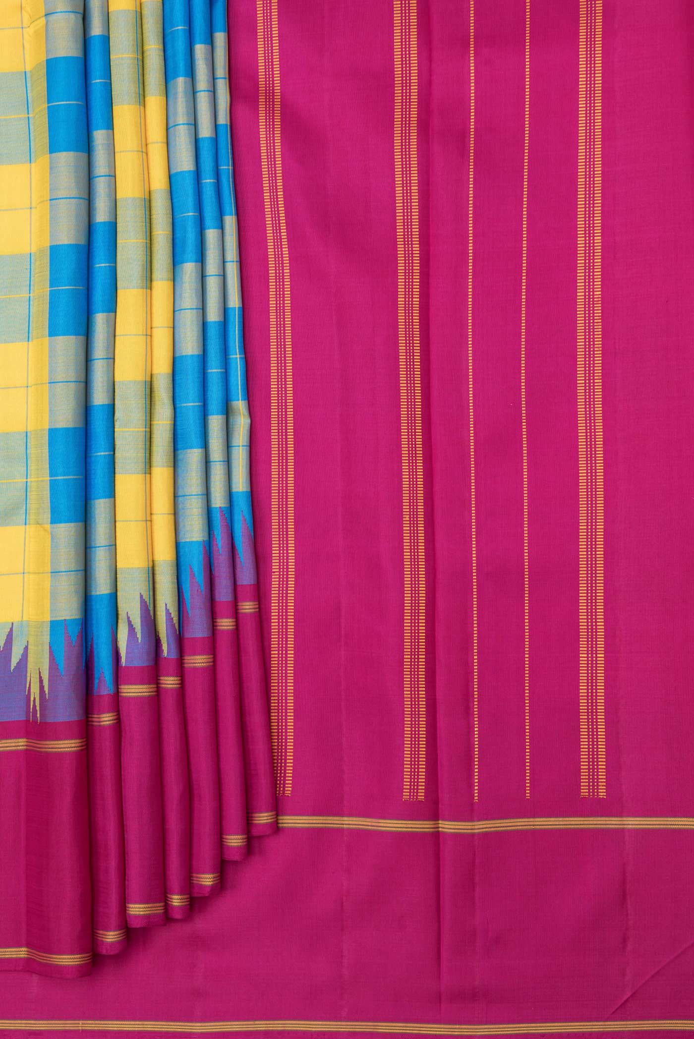 Pleats and pallu of Yellow and Sky Blue Color Kanjivaram Saree with Checked design on the body and Ganga Jamuna Border. 