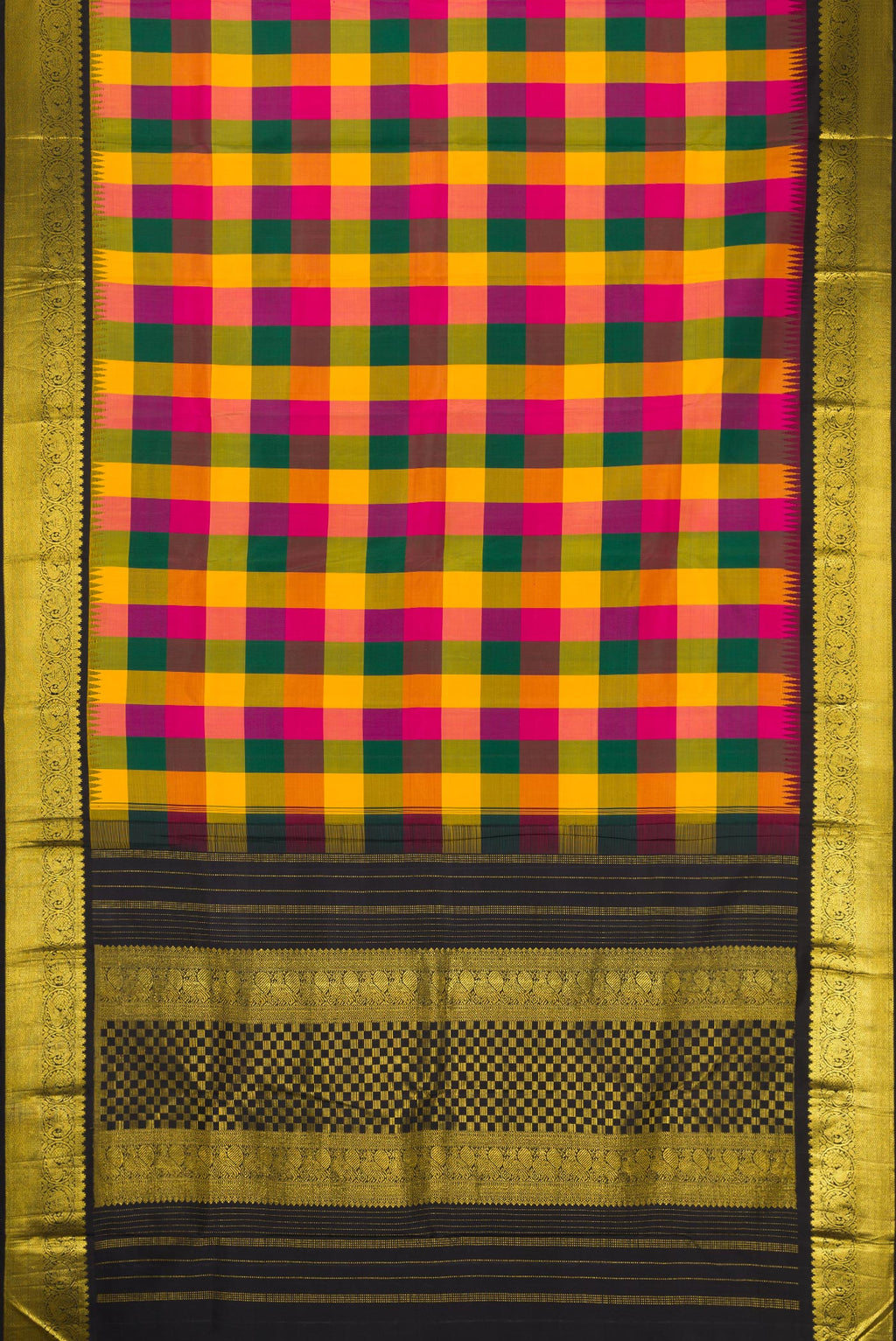 Flat view of Multi Color Kanjivaram Silk Saree with Checked design on the body and Zari Border. 
