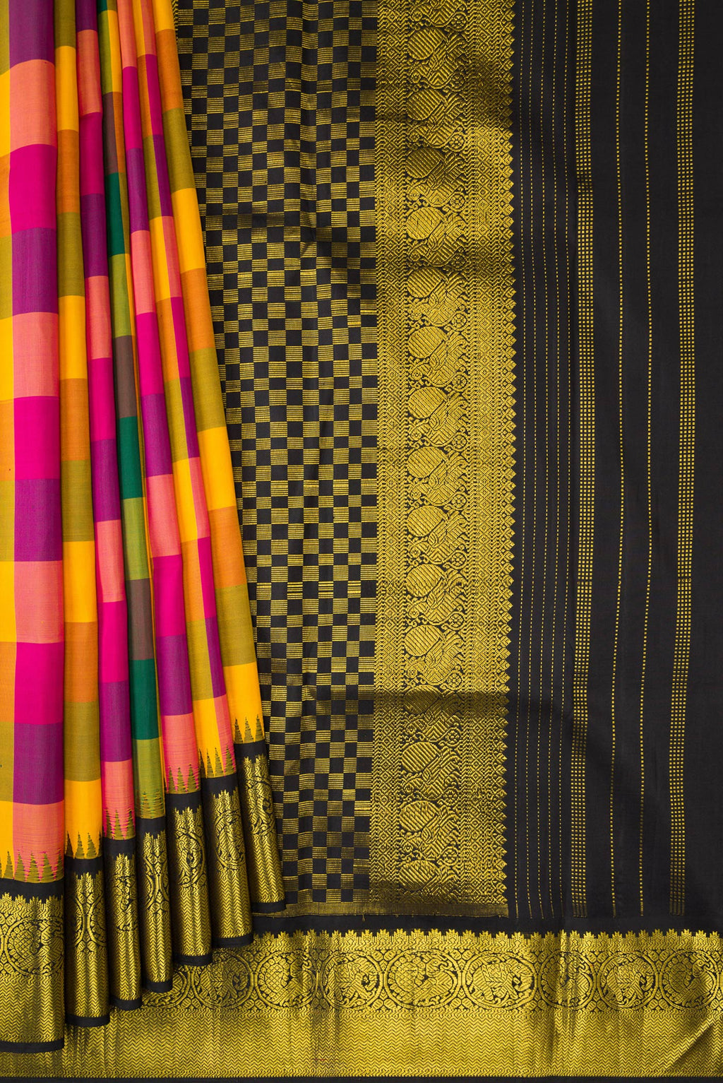 Pleats and pallu of Multi Color Kanjivaram Silk Saree with Checked design on the body and Zari Border. 