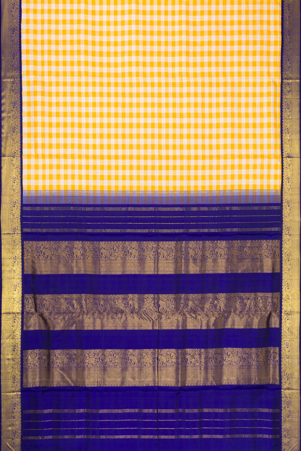 Flat view of Pure Silk Pure Zari Off White and Musturd Color Kanchipuram Nine Yards Saree with Checked design on the body and Zari Border. 