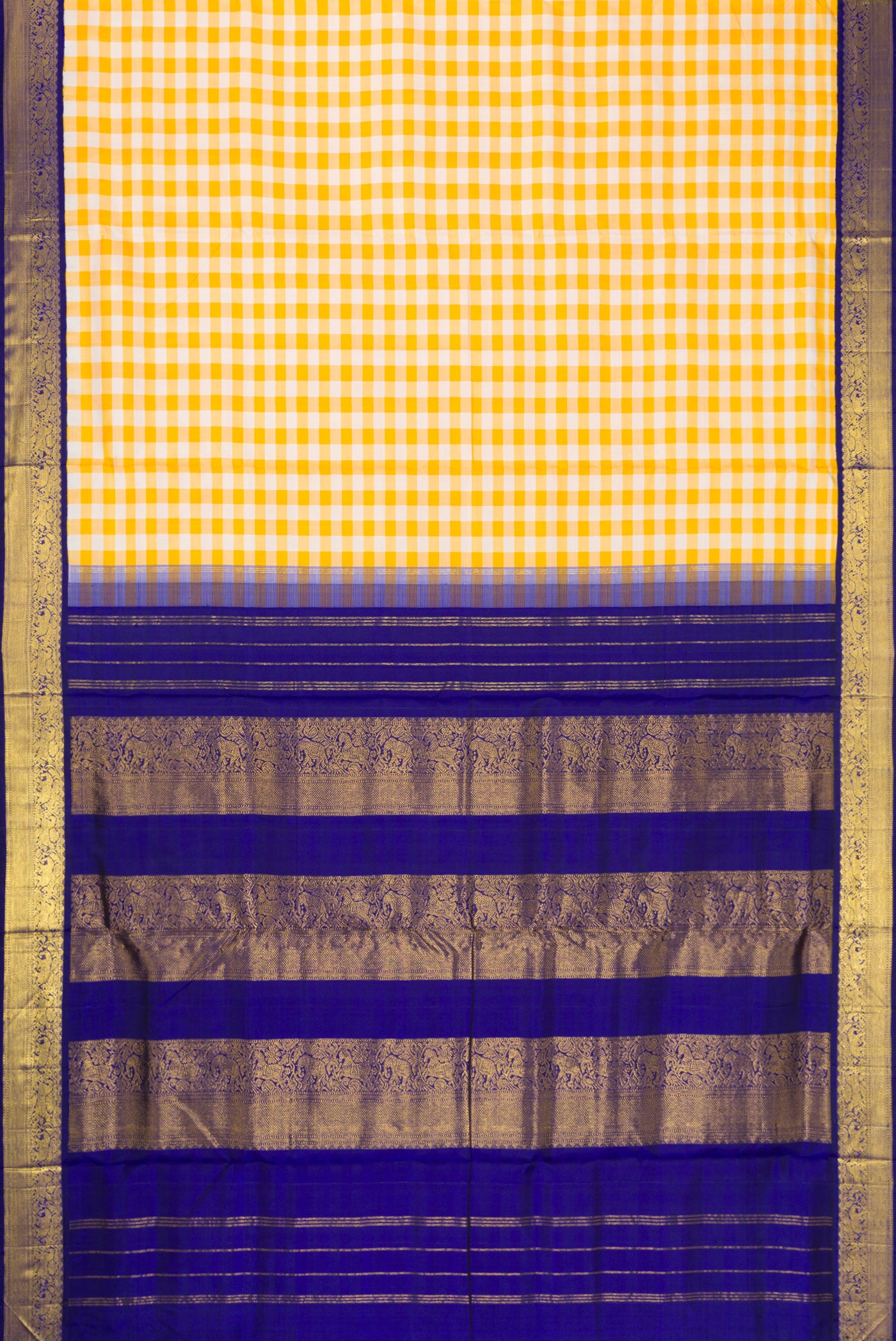 Flat view of Pure Silk Pure Zari Off White and Musturd Color Kanchipuram Nine Yards Saree with Checked design on the body and Zari Border. 