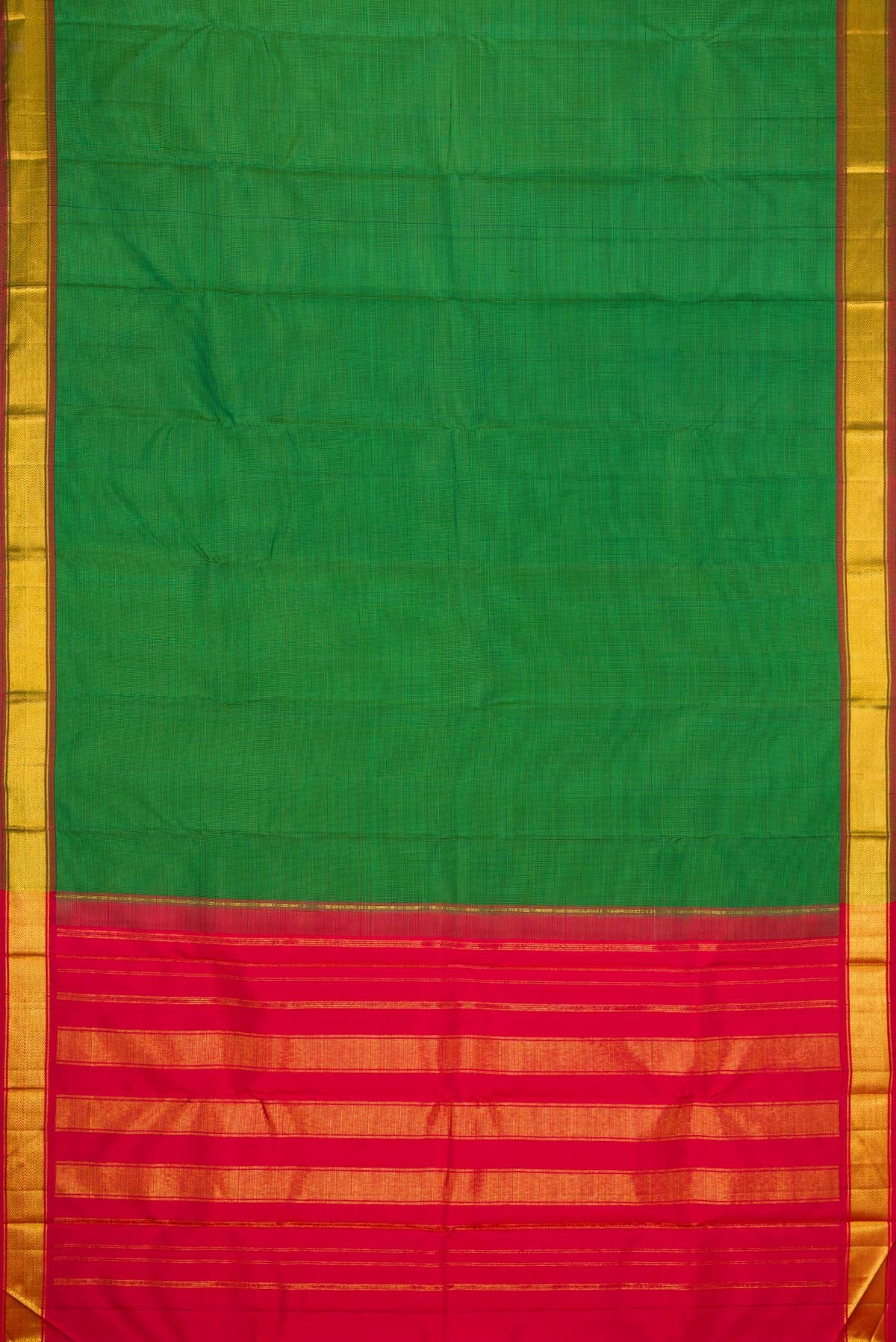 Flat view of Green Dual Tone Kanchipuram Silk Saree with Checked design on the body and Zari Border