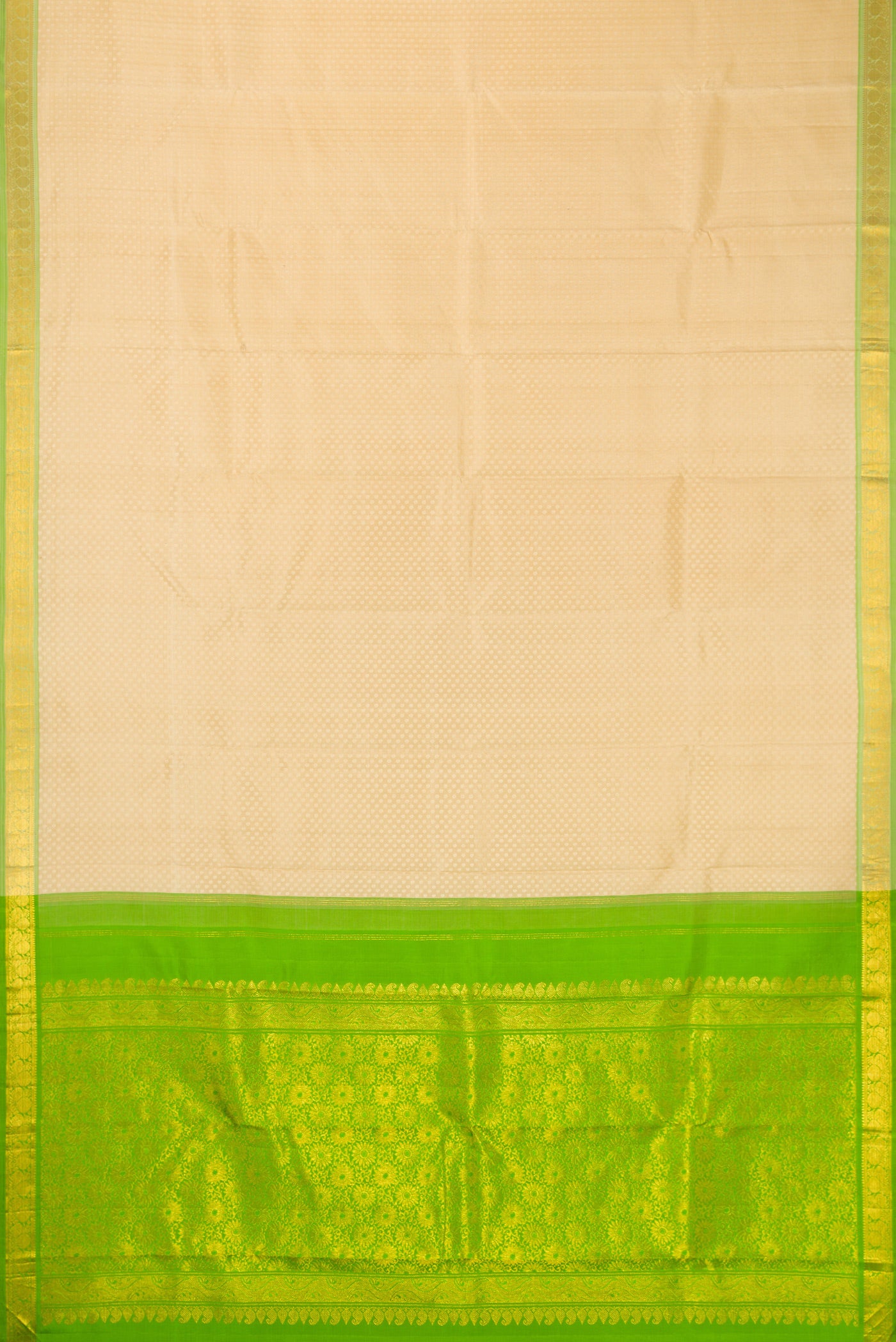 Flat view of Sandal Dual Tone Kanchipuram Silk Saree with Jacquard design on the body and Zari Border. 