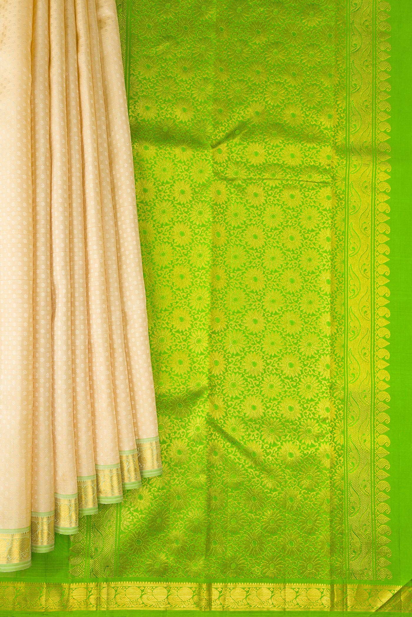 Pleats and pallu of Sandal Dual Tone Kanchipuram Silk Saree with Jacquard design on the body and Zari Border. 