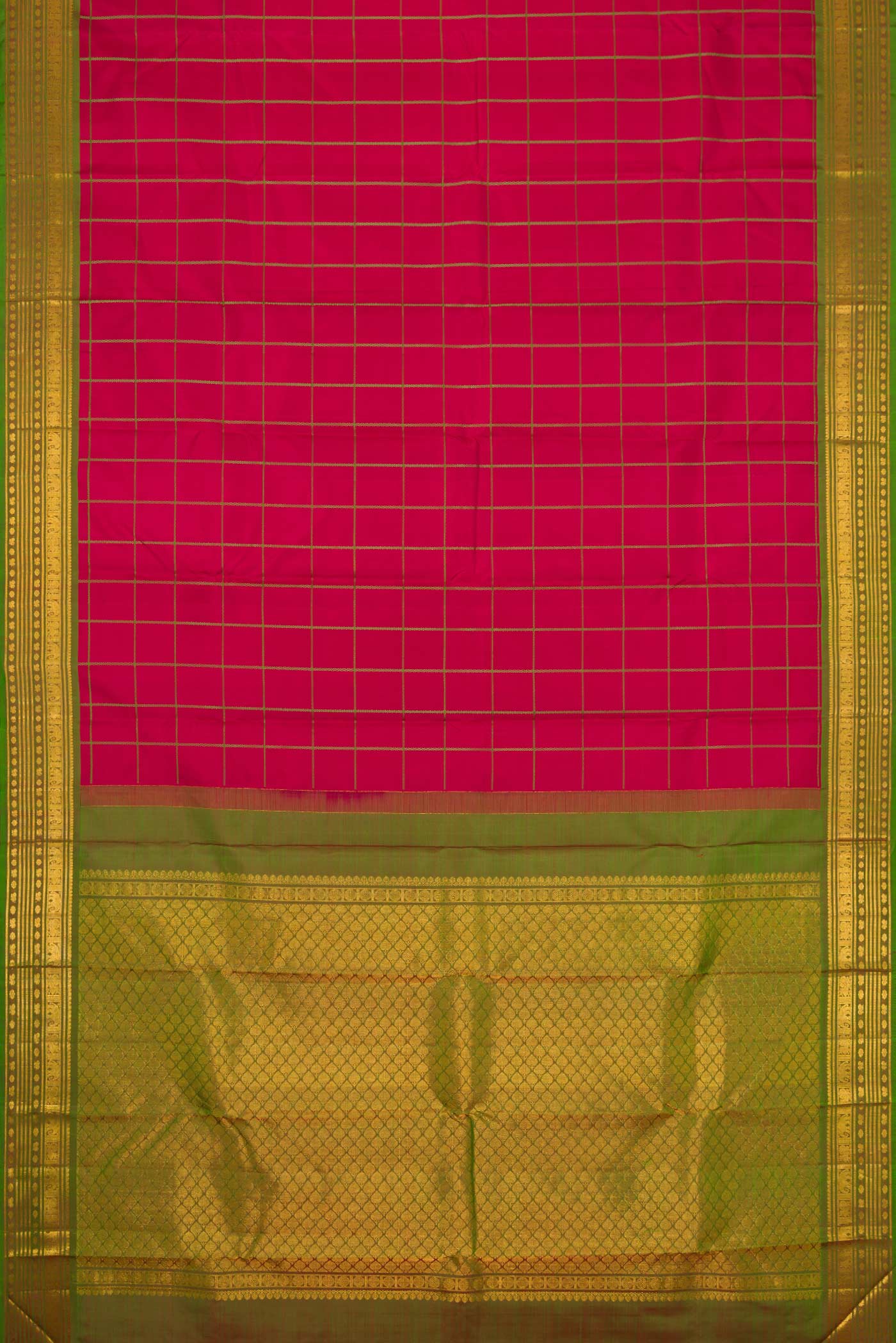 Flat view of Maroon Dual Tone Kanchipuram Silk Saree with Checked design on the body and Zari Border