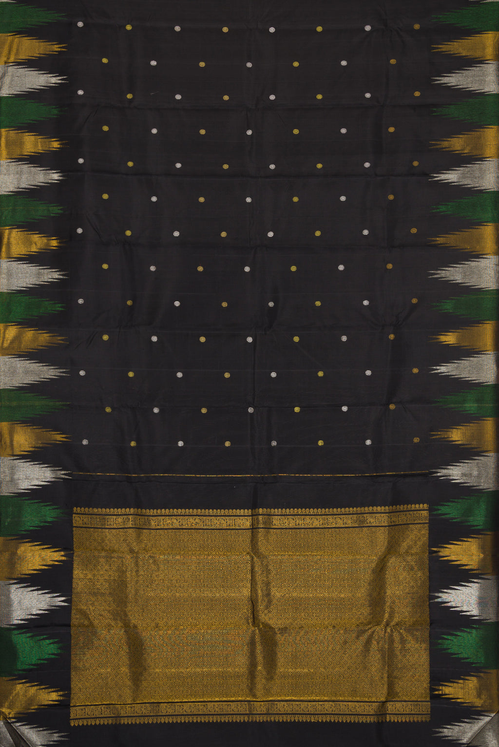 Flat view of Black Dual Tone Kanjivaram Silk Saree with Zari Butta on the body and Temple Border. 