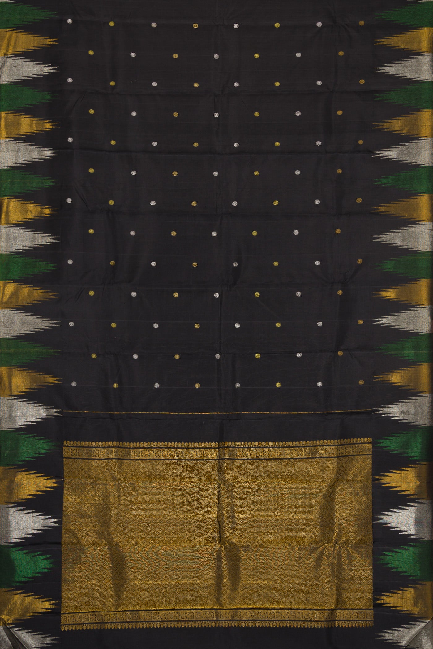 Flat view of Black Dual Tone Kanjivaram Silk Saree with Zari Butta on the body and Temple Border. 