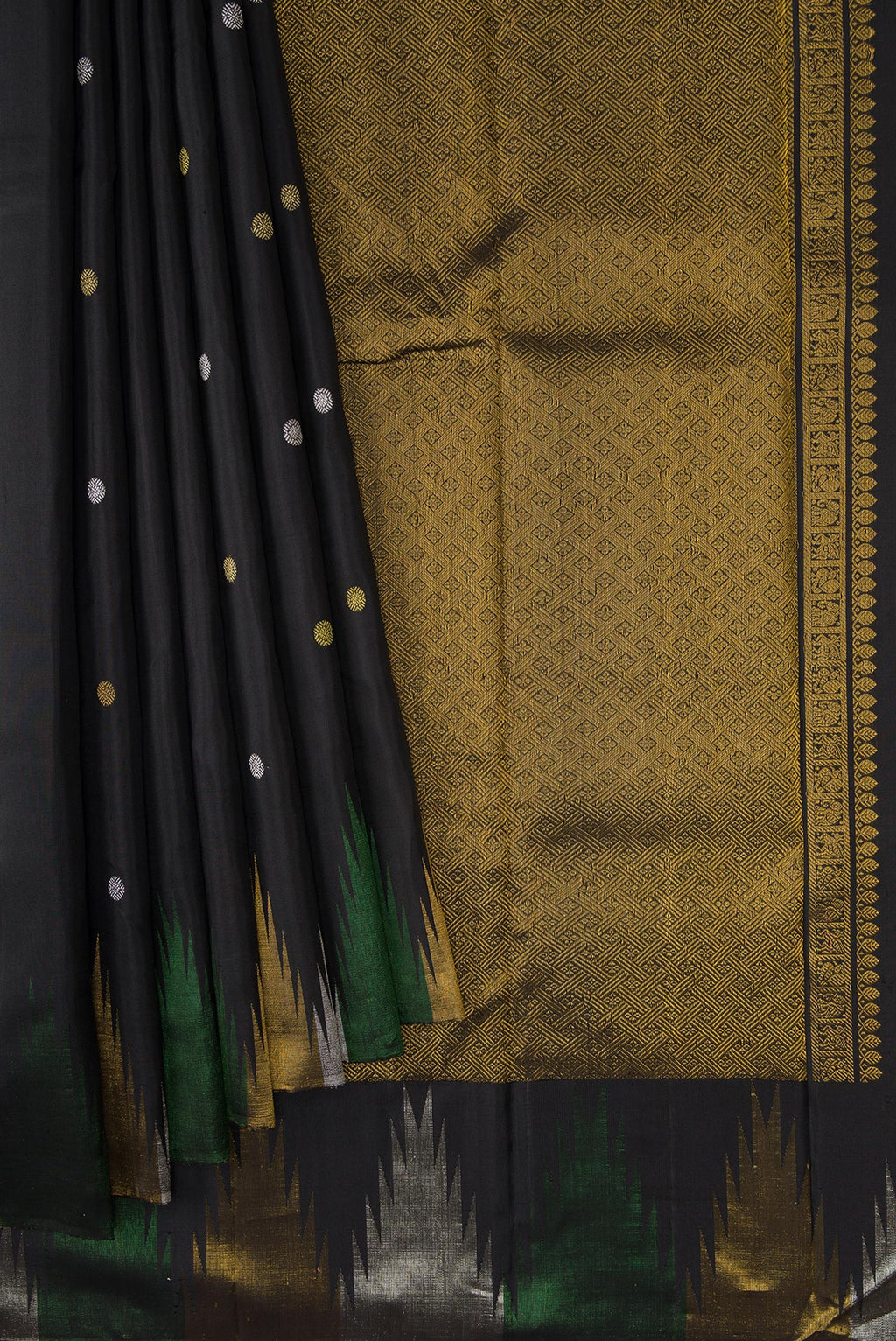 Pleats and pallu of Black Dual Tone Kanjivaram Silk Saree with Zari Butta on the body and Temple Border. 