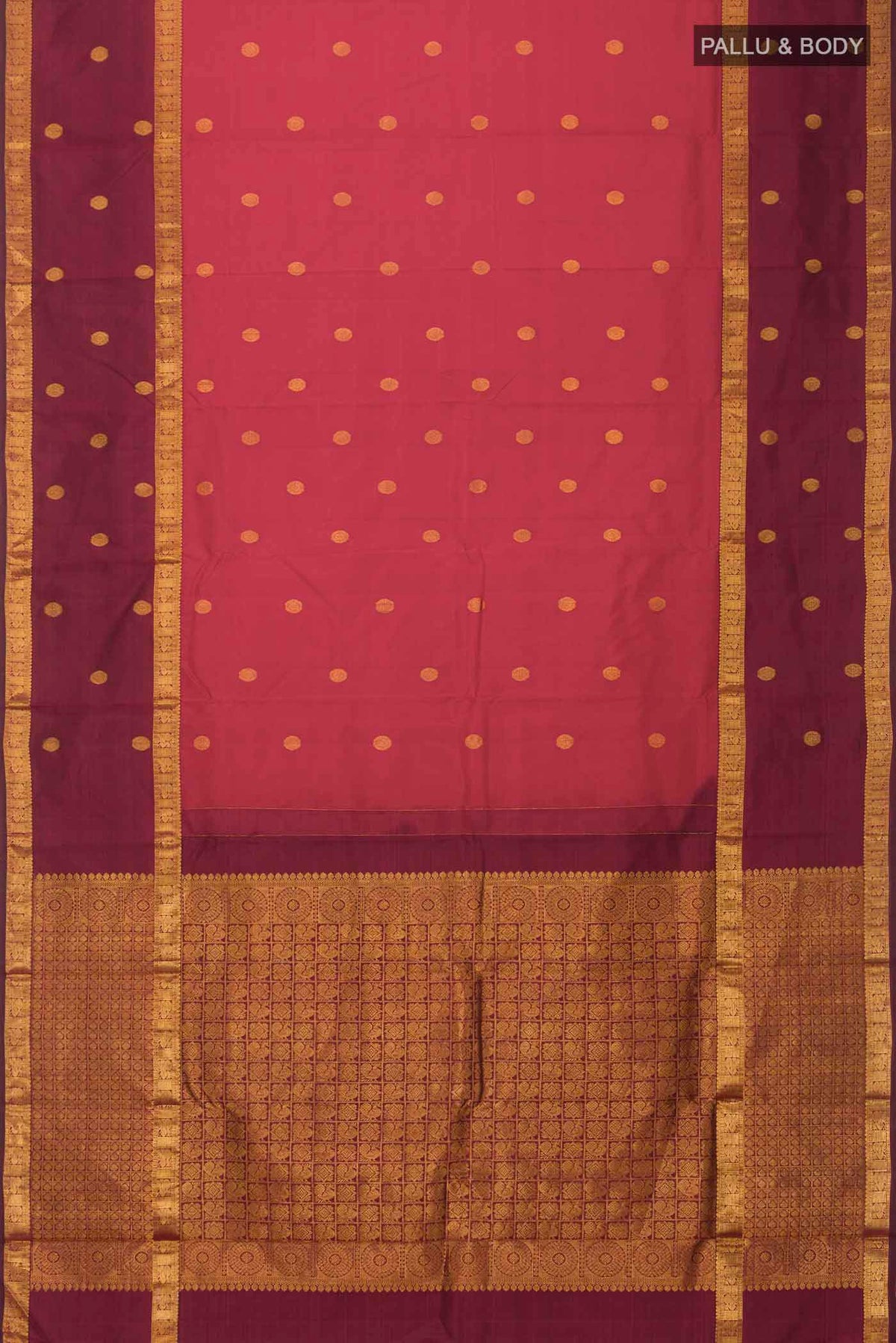 Flat view of Pink Kanchipuram Silk Saree with Zari Butta on the body and Zari Border