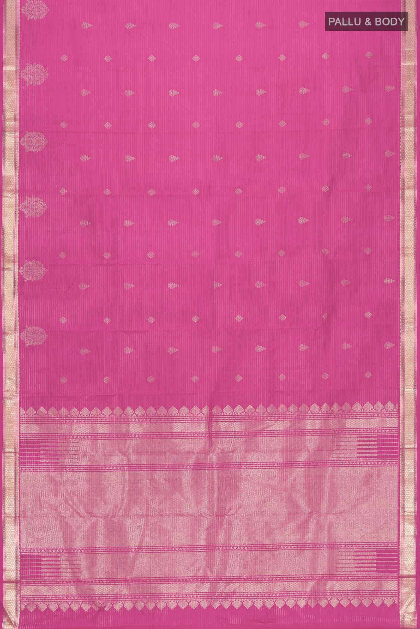 Flat view of Pink Kanchipuram Silk Saree with Zari Butta on the body and Zari Border