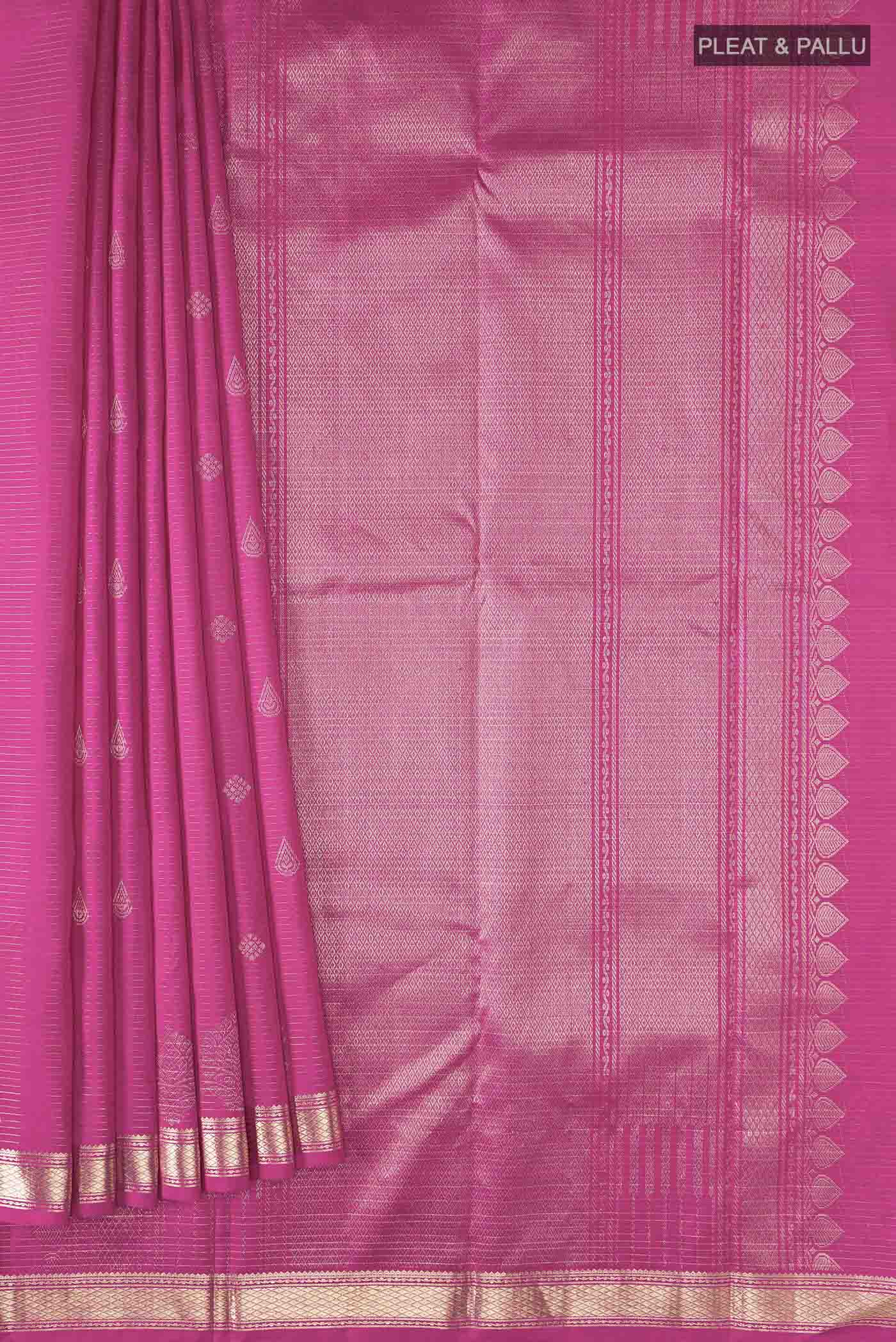 Pleats and pallu of Pink Kanchipuram Silk Saree with Zari Butta on the body and Zari Border