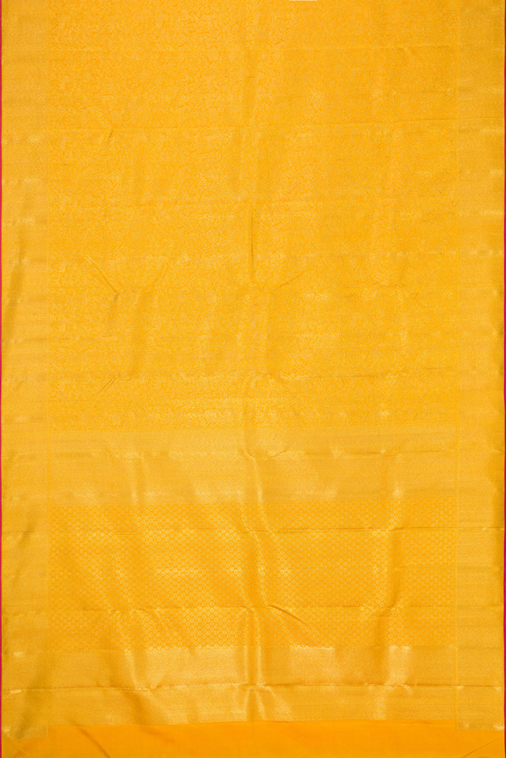 Flat view of Pure Silk Pure Zari Gold Dual Tone Kanjivaram Saree with Zari Brocade on the body and Zari Border. 