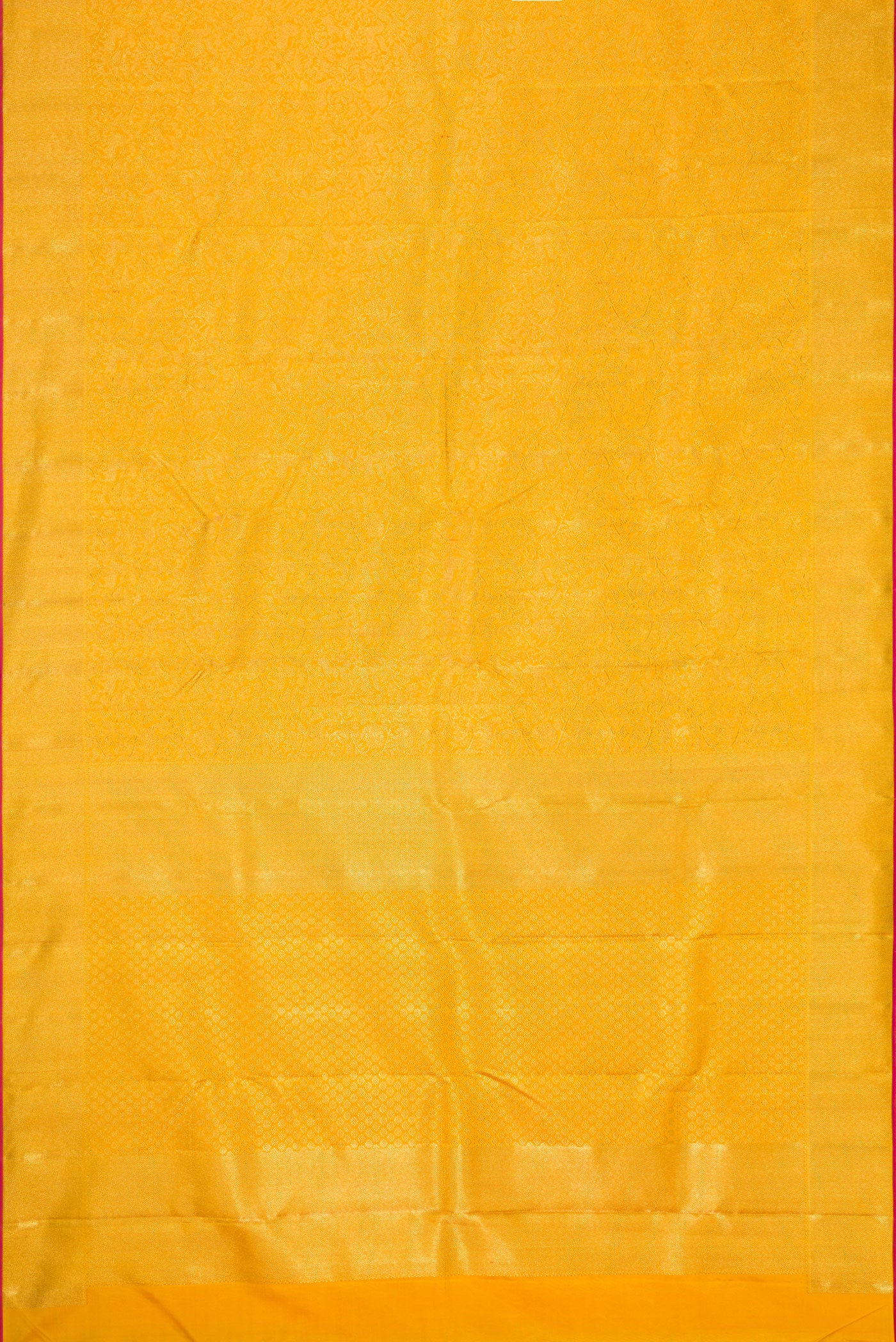 Flat view of Pure Silk Pure Zari Gold Dual Tone Kanjivaram Saree with Zari Brocade on the body and Zari Border. 