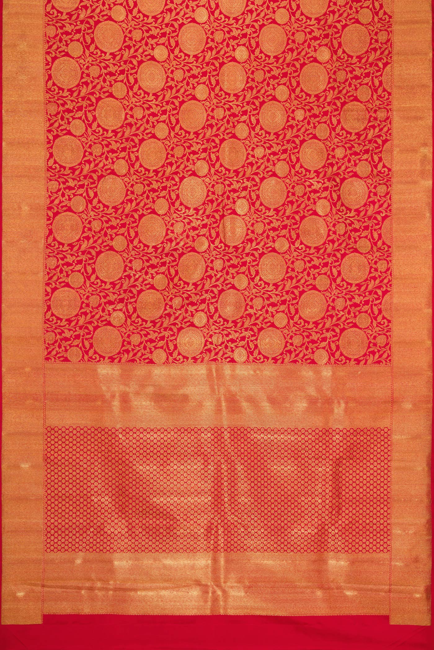Flat view of Pure Silk Pure Zari Red Dual Tone Kanjivaram Saree with Zari Brocade on the body and Zari Border. 